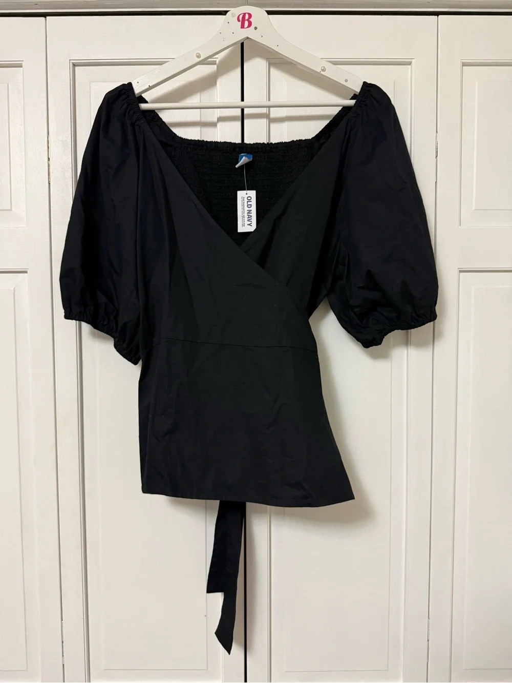 NWT Old Navy Black Puff Sleeve Wrap Blouse Smocked Back XL Dark Romantic